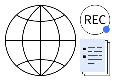 Globe grid, recording icon with blue dot, and stacked documents represent global data collection, digital connectivity, and organized information management. Ideal for technology, research