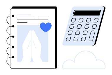 Notebook featuring prayer hands and heart icon beside a calculator and cloud. Ideal for budgeting, faith, spiritual finances, planning, decision-making, gratitude, organization. Simple flat metaphor