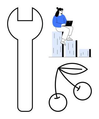 Woman sitting with laptop atop bar graph, next to oversized wrench and cherries. Ideal for productivity, growth, success, development, tools, planning and balance. A simple flat metaphor