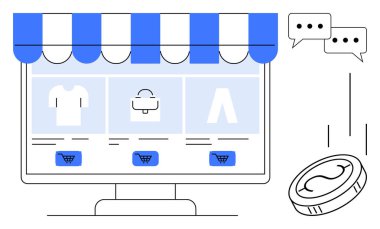 Computer screen showcasing apparel and accessories, cart buttons, payment coin, and chat bubbles. Ideal for ecommerce, digital transactions, online retail, shopping, customer interaction retail
