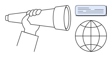 Hand holding telescope gazing toward a globe and text box, symbolizing discovery, vision, and global communication. Ideal for innovation, exploration, leadership, research, strategy education
