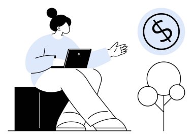 Woman seated with a laptop gesturing towards a dollar sign inside a circle. Stylized tree hints growth. Ideal for finance, business, investment, money management, technology, education, simplicity