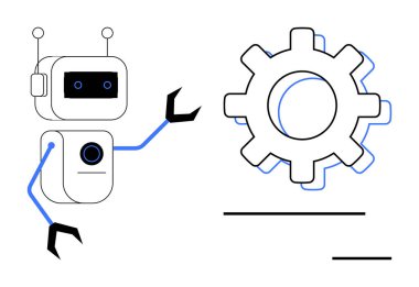 Robot pointing at a gear representing technology, innovation, and automation. Ideal for artificial intelligence, robotics, system optimization, programming, productivity tools, futuristic concepts