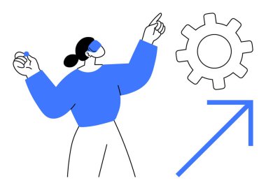 Woman gesturing towards a gear and upward arrow, expressing strategy, teamwork, innovation, growth, technology, success, leadership. Ideal for business progress development simple flat metaphor