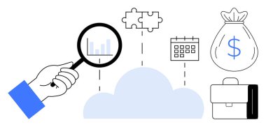 Magnifying glass over cloud with bar graph, puzzle pieces, calendar, money bag, and briefcase. Ideal for business analysis, financial forecasting, cloud computing, time management problem-solving