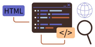 Coding window with color-coded lines, HTML tag connected to the web, globe, and magnifier. Ideal for development, design, programming, education web innovation and technology. Simple flat metaphor
