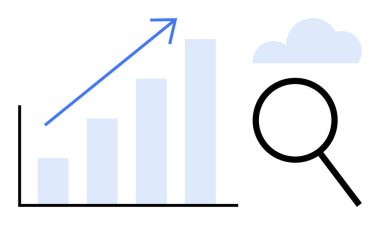 Magnifying glass examining bar chart with upward arrow signifying analysis, progress, growth. Cloud adds abstract modern theme. Ideal for business, data analysis, success, future, strategy research