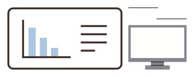 Bar chart and text data on screen next to computer monitor, symbolizing analytics, presentations, data reporting, education, business planning, tech solutions, and modern communication. Simple flat