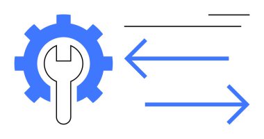 Gear with centered wrench alongside parallel arrows indicating motion. Ideal for process management, workflow, engineering, productivity, innovation, operation, progress. Simple flat metaphor