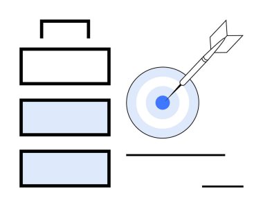 Dart hitting target bullseye next to checklist, symbolizing focus, planning, and productivity. Ideal for success, organization, project management, planning strategy goals achievement. Simple flat