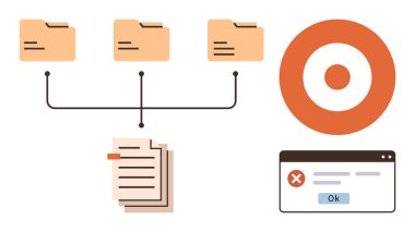 Folder hierarchy for document storage, stacked papers, cross error alert on a browser window, and orange circle indicating goals or focus. Ideal for organization, data storage, workflow, teamwork