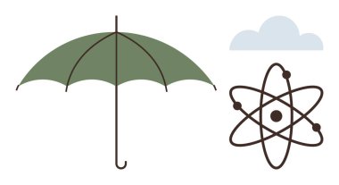 Green umbrella, atom icon, and cloud visualizing concepts of safety, weather, science, and innovation. Ideal for protection, innovation, weather sustainability creativity education and futuristic