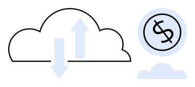Cloud with up and down arrows symbolizes data exchange and storage. Dollar sign in a circle conveys finance. Ideal for technology, business, data management, savings, networking, economy, simple flat