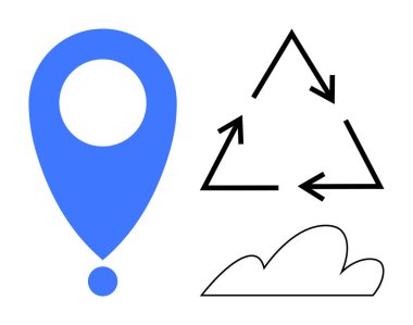 Blue location marker, black recycling triangle, and stylized cloud icon symbolize sustainability, eco-friendliness, and technology integration. Ideal for sustainability, green energy, recycling