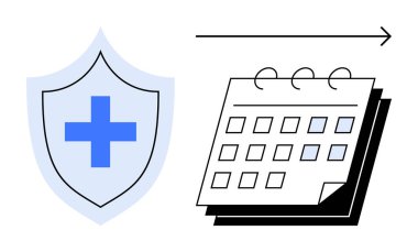 Blue cross on shield next to calendar with an arrow representing protection and long-term healthcare planning. Ideal for health insurance, scheduling, medical safety, coverage timeline, wellness