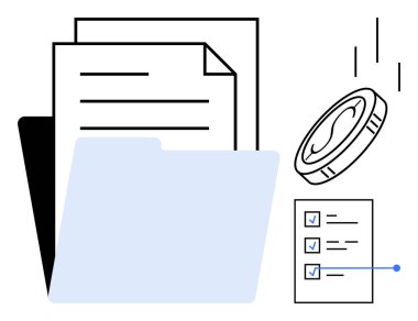 Documents stacked with a folder, a falling coin, and a checklist with checkmarks. Ideal for finance, organization, business, record keeping, productivity, task management financial planning simple