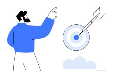 Focused man gestures at a bullseye with arrow. Ideal for strategy, leadership, goal-setting, success, motivation, focus, inspiration. A simple flat metaphor for achievement and precision