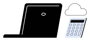 Laptop with cloud for synchronization and calculator for computations. Ideal for technology, remote work, finance, connectivity, cloud storage, modern tools, and workflow. Simple flat metaphor