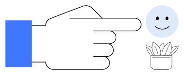 Hand pointing at a happy face and potted plant symbolizing direction, positivity, and growth. Ideal for motivation, decision-making, guidance, minimal style, personal development, teamwork simple
