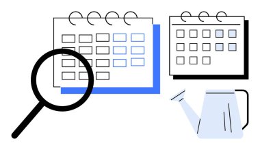 Magnifying glass assessing calendars with a watering can symbolizing growth and nurturing. Ideal for time management, productivity, scheduling, planning, organization, growth mindset, focus. Simple