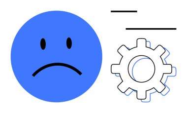 Mavi üzgün yüz bir dişli ikonu ile eşleştirildi, hayal kırıklığı, teknolojik sorunlar, ya da sistem arızası. Bilişim sorunları, duygusal zorluklar, sorun giderme, akıl sağlığı ve verimlilik için ideal