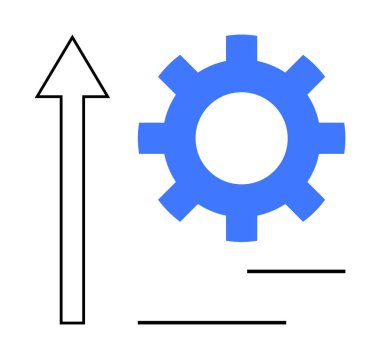 Blue gear next to an upward black arrow with linear accents. Ideal for growth, development, productivity, progress, strategy, innovation, process optimization themes. Simple flat metaphor