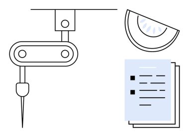 Robotic arm for precision tasks, schematic watermelon slice, and stacked documents. Ideal for technology, food processing, innovation, productivity, planning, research visualization simple flat