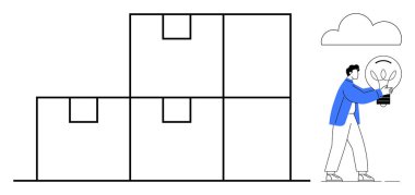 Düzenli istiflenmiş kutuların yanında parlayan bir ampulü bulutun altında tutan kişi. Yenilik, lojistik, yaratıcılık, problem çözme, üretkenlik, iş stratejisi, takım çalışması için idealdir. Temizle