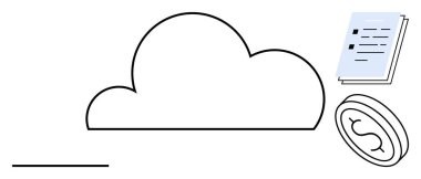 Cloud with floating document stack and coin emphasizing online storage, data management, and finance. Ideal for technology, fintech, cloud computing, data security, cryptocurrency, online banking