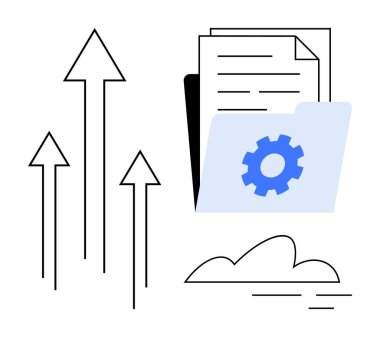 Folder with gear icon, documents, upward arrows, and cloud symbol signifying progress, productivity, file organization, cloud storage. Ideal for data management, cloud computing business analytics