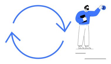 Dairesel mavi oklar, devam eden bir süreci simgeler. Bir insanın madeni parayı tuttuğu gibi. Finans, iş büyümesi, yatırım, tasarruf, süreç yönetimi, sürdürülebilirlik ve ekonomik döngü kavramları için ideal