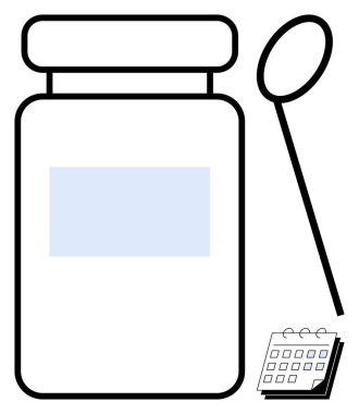 Large collection jar with blank label, swab stick, and calendar for planning. Ideal for scheduling, medical care, diagnostics, health tests, science, planning simple flat metaphor