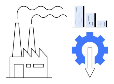 Factory building with smokestacks, declining bar graph, gear with downward arrow. Ideal for industry, production, downturn, economy, efficiency challenges automation. Simple flat metaphor