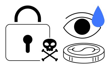 Padlock, skull and crossbones, eye with water drop, and coin emphasize security risks, data privacy, cyber theft, financial harm, fraud surveillance and vulnerability. Ideal for online safety risk