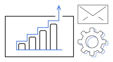 Bar chart with upward arrow highlights growth, gear represents process automation, envelope indicates communication. Ideal for business strategy, analytics, teamwork, innovation, productivity