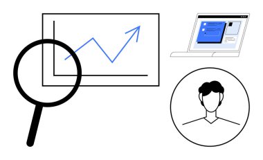Magnifying glass analyzing upward chart, laptop with user interface, profile icon. Ideal for analytics, growth, business strategy, user experience, data research monitoring. Simple flat metaphor