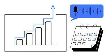 Bar chart with growth arrow, speech bubble with voice recording wave, and calendar page. Ideal for productivity, planning, business strategy, organization, multitasking, communication simple flat