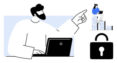 Bilgisayardaki adam güvenlik endişesini işaret ediyor. Kadın üst üste dizilmiş sunucularda çalışıyor. Güvenliği ön plana çıkarıyor. Veri güvenliği, çevrimiçi tehditler, teknoloji koruması, takım çalışması, sorumluluk için ideal