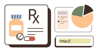 İlaç şişesi, kapsül, reçeteli tablet, pasta tablosu ve web bağlantısı görsel. Sağlık, eczane, teletıp veri analizi ilaç araştırmaları online hizmetler teknolojisi için idealdir. Basit.