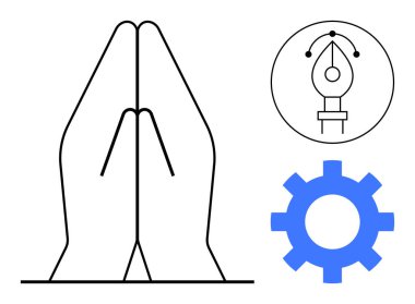 Hands clasped in prayer with a pen tool icon and gear representing creativity, innovation, and process. Ideal for design, spirituality, teamwork, engineering, simplicity, focus artistic mindset