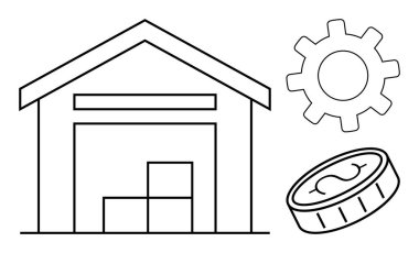 Warehouse filled with boxes, a gear symbolizing operations, and a coin signifying commerce. Ideal for logistics, production, supply chain, trade, finance, business strategy and warehouse management