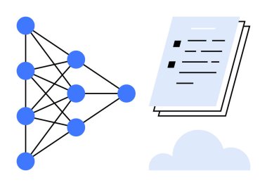 Blue nodes connected in a neural network alongside digital documents representing cloud storage. Ideal for AI, machine learning, data science, automation, cloud computing, knowledge sharing, simple