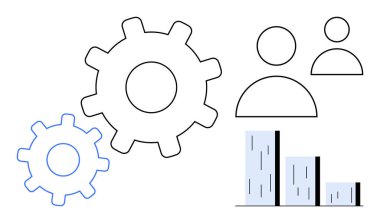 Two gears interlocked, two user profiles, and a bar graph symbolize teamwork, efficiency, data-driven decision-making. Ideal for business, teamwork, analytics, productivity leadership