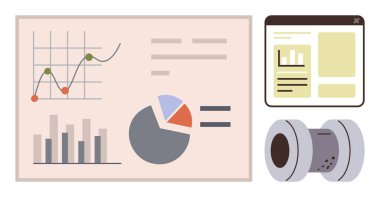 Grafikler, pasta ve bar grafikleri, web düzeni ve fütüristik silindirik bir nesne basit bir düz düzlemde analizi, raporlamayı, online araçları, veri eğilimlerini, yeniliği, stratejiyi ve teknolojik entegrasyonu temsil eder.