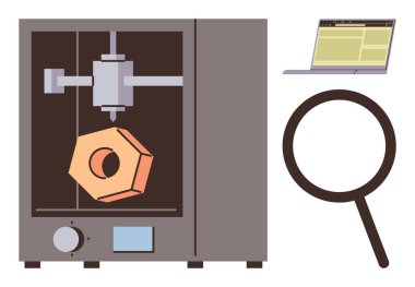 3D printer crafting hexagonal object, connected laptop for monitoring, magnifying glass for inspection. Ideal for innovation, manufacturing, prototyping, design, research, technology education