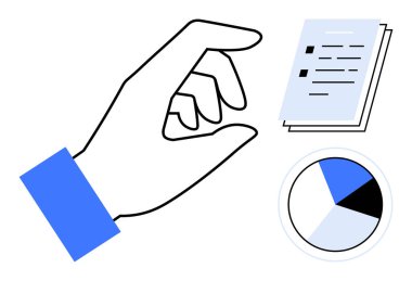 Hand reaching toward documents beside a segmented pie chart. Ideal for decision-making, analysis, prioritization, strategy, organization, data management, productivity. Simple flat metaphor