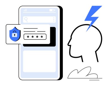 Smartphone screen with security login shield and password entry box, human head with lightning bolt. Ideal for cybersecurity, innovation, login systems, security, mental focus, data, simple flat