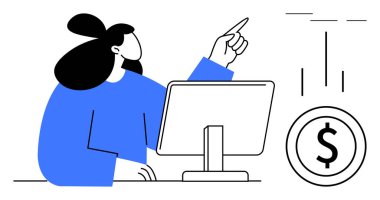 Woman analyzing data on a desktop computer, pointing at upward goals, with a coin to symbolize finances. Ideal for strategy, business, success, analysis, finance leadership and growth. Simple flat