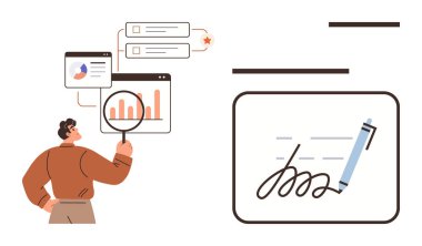 Person uses magnifying glass to review data charts and graphs on screens alongside digital document signature. Ideal for analytics, data review, business research, auditing, digital contracts