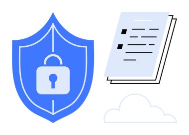 Blue shield with lock icon, stacked documents, and cloud illustrate cybersecurity, data protection, cloud storage, encryption, information safety, compliance privacy. Ideal for digital security